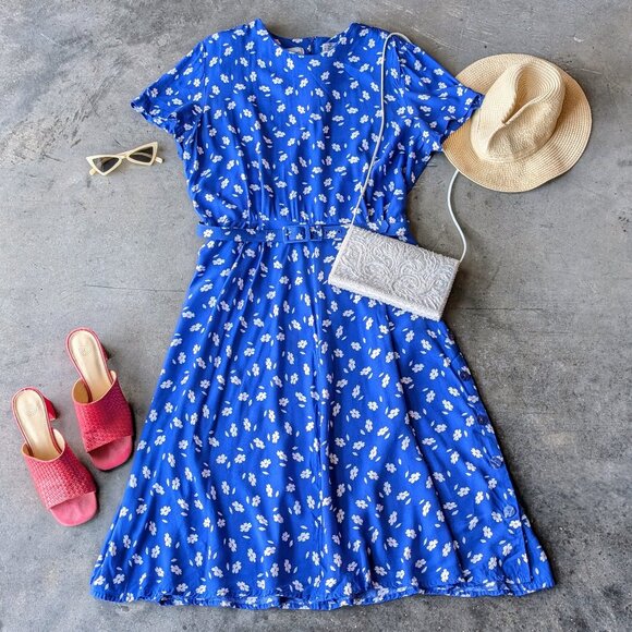 Vintage Karin Stevens Blue Floral Short Sleeve Belted Midi Dress size 18 - Picture 1 of 8